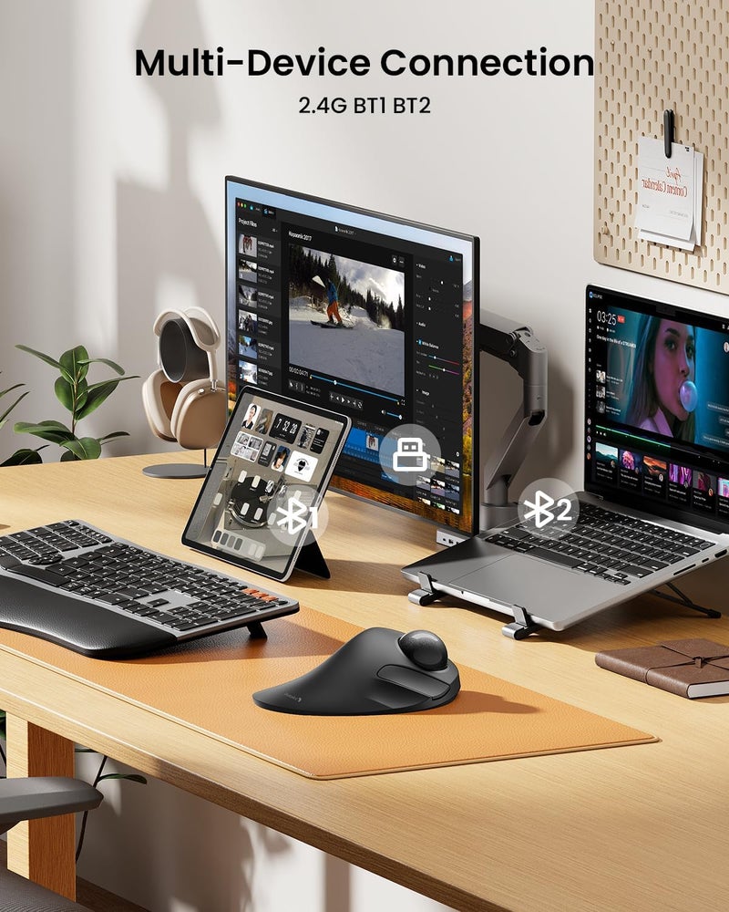 ProtoArc فأرة تتبع الكرة اللاسلكية بلوتوث، EM03 NL فأرة رولربول مريحة قابلة لإعادة الشحن، متوافقة مع 3 أجهزة، متوافقة مع الكمبيوتر، آيباد، ماك، ويندوز - كرة رمادية - Image 3